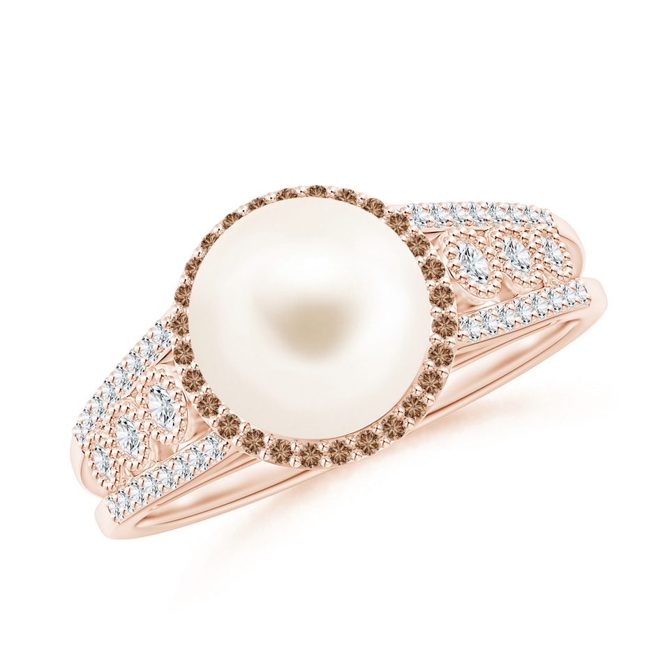 8mm AAA Freshwater Pearl and Coffee Diamond Halo Ring in Rose Gold 