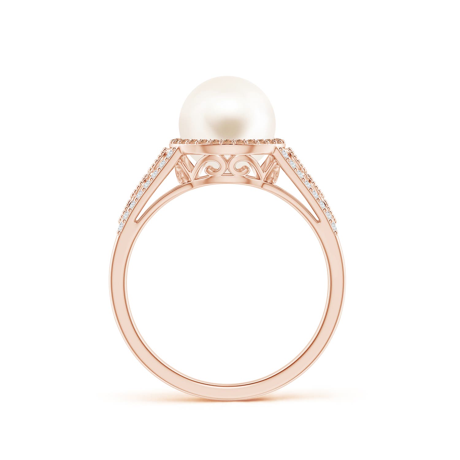 8mm AAA Freshwater Pearl and Coffee Diamond Halo Ring in Rose Gold