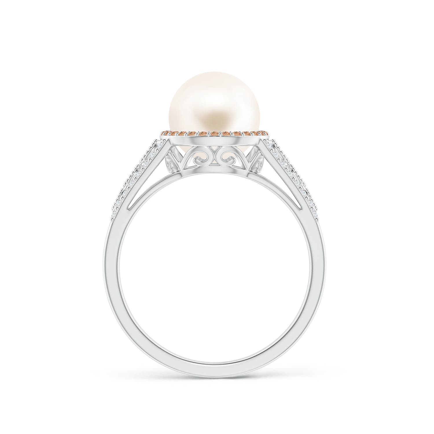 8mm AAA Freshwater Pearl and Coffee Diamond Halo Ring in White Gold - side 1