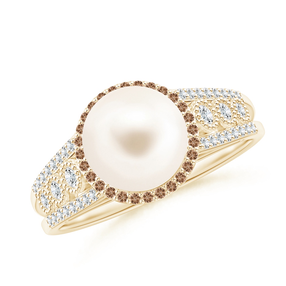 8mm AAA Freshwater Pearl and Coffee Diamond Halo Ring in Yellow Gold 