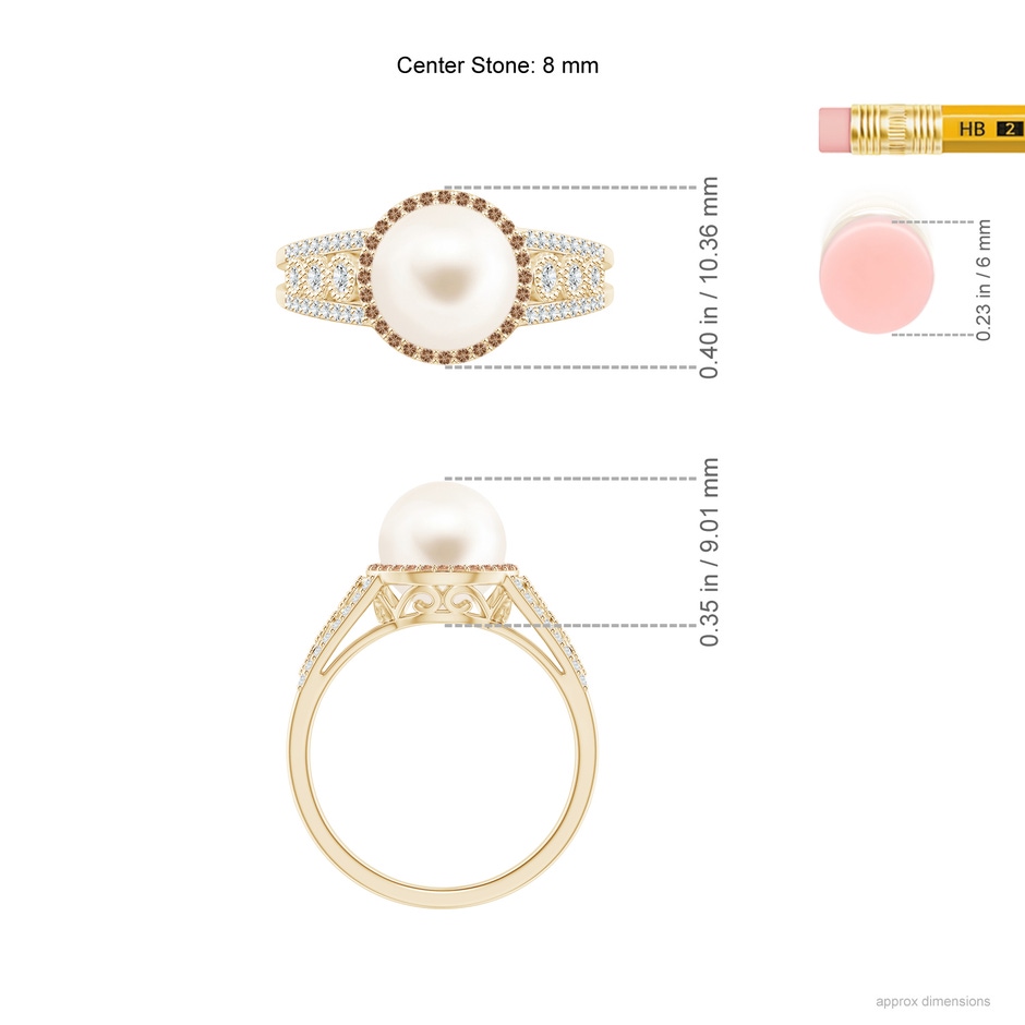 8mm AAA Freshwater Pearl and Coffee Diamond Halo Ring in Yellow Gold ruler