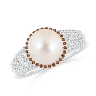 8mm AAAA Freshwater Pearl and Coffee Diamond Halo Ring in P950 Platinum