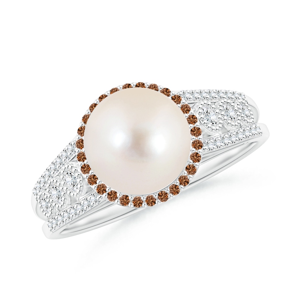 8mm AAAA Freshwater Pearl and Coffee Diamond Halo Ring in White Gold 
