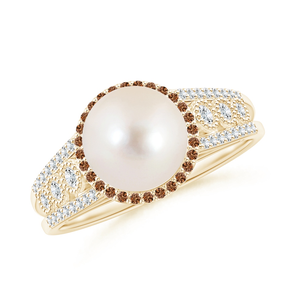 8mm AAAA Freshwater Pearl and Coffee Diamond Halo Ring in Yellow Gold 