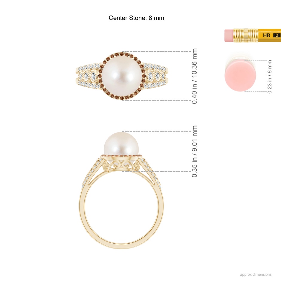 8mm AAAA Freshwater Pearl and Coffee Diamond Halo Ring in Yellow Gold ruler