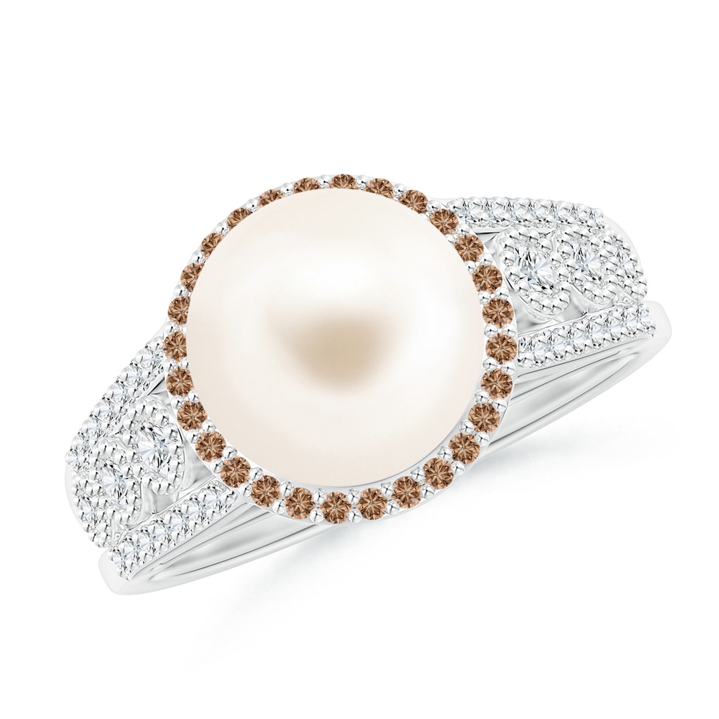 9mm AAA Freshwater Pearl and Coffee Diamond Halo Ring in White Gold