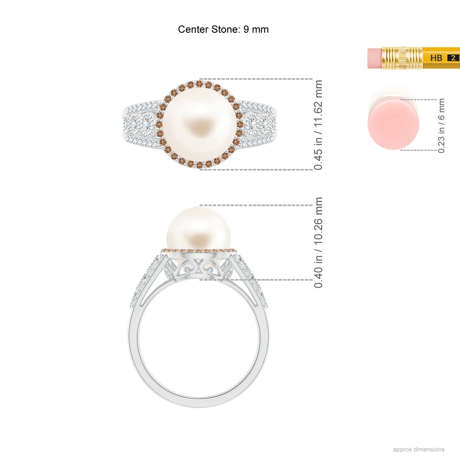 9mm AAA Freshwater Pearl and Coffee Diamond Halo Ring in White Gold ruler