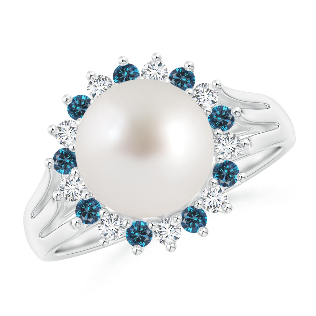 9mm AAA South Sea Pearl and Blue Diamond Ring in White Gold