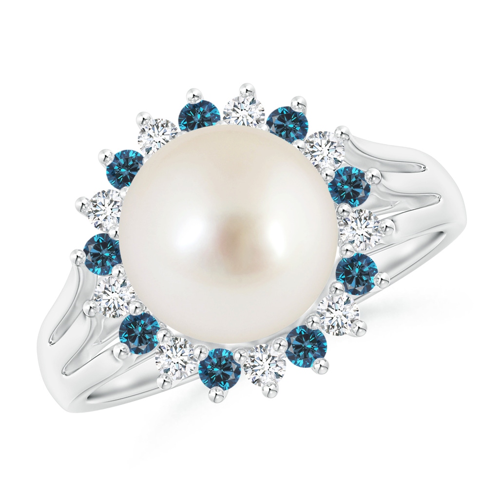 9mm AAAA South Sea Pearl and Blue Diamond Ring in White Gold