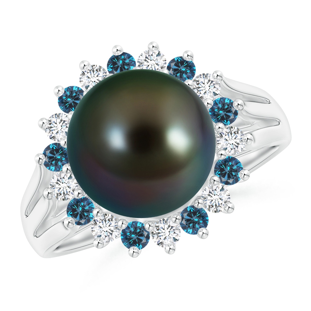 10mm AAAA Tahitian Pearl and Blue Diamond Ring in P950 Platinum