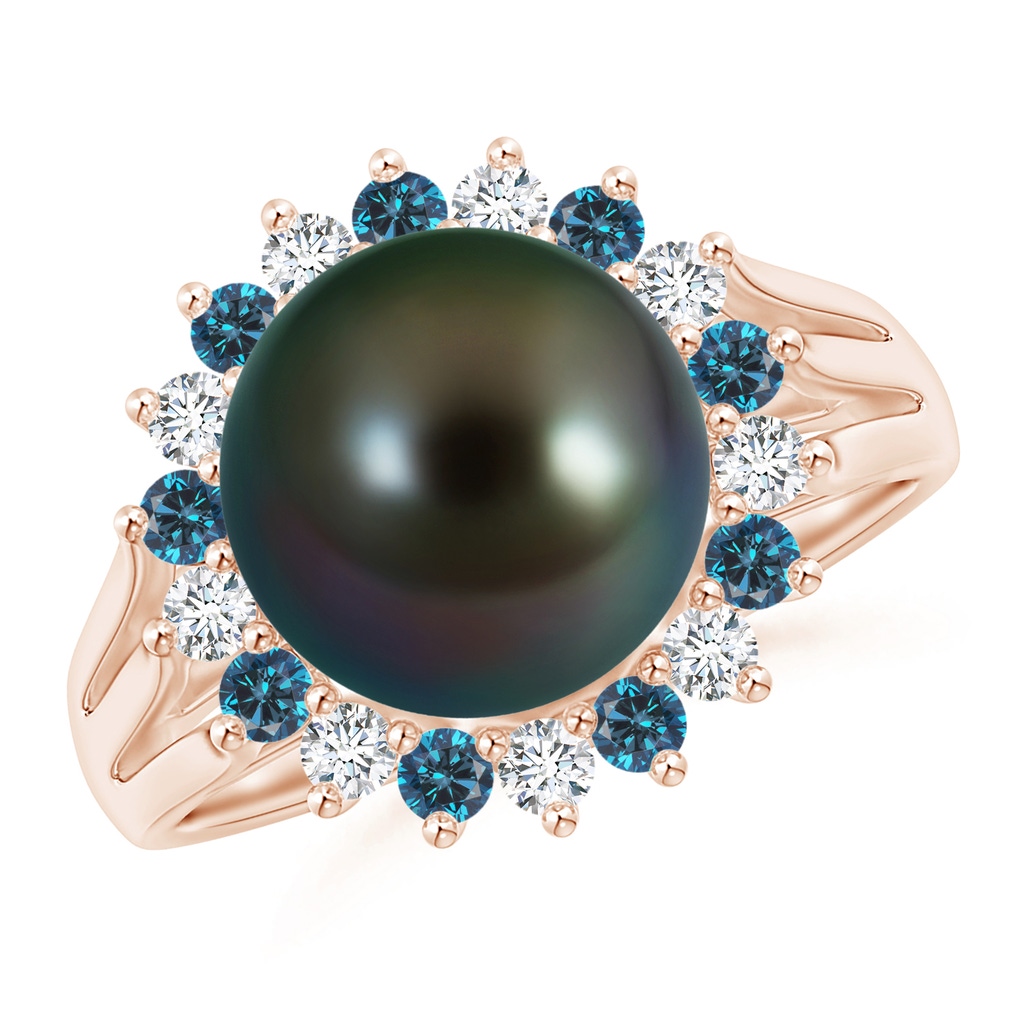 10mm AAAA Tahitian Pearl and Blue Diamond Ring in Rose Gold