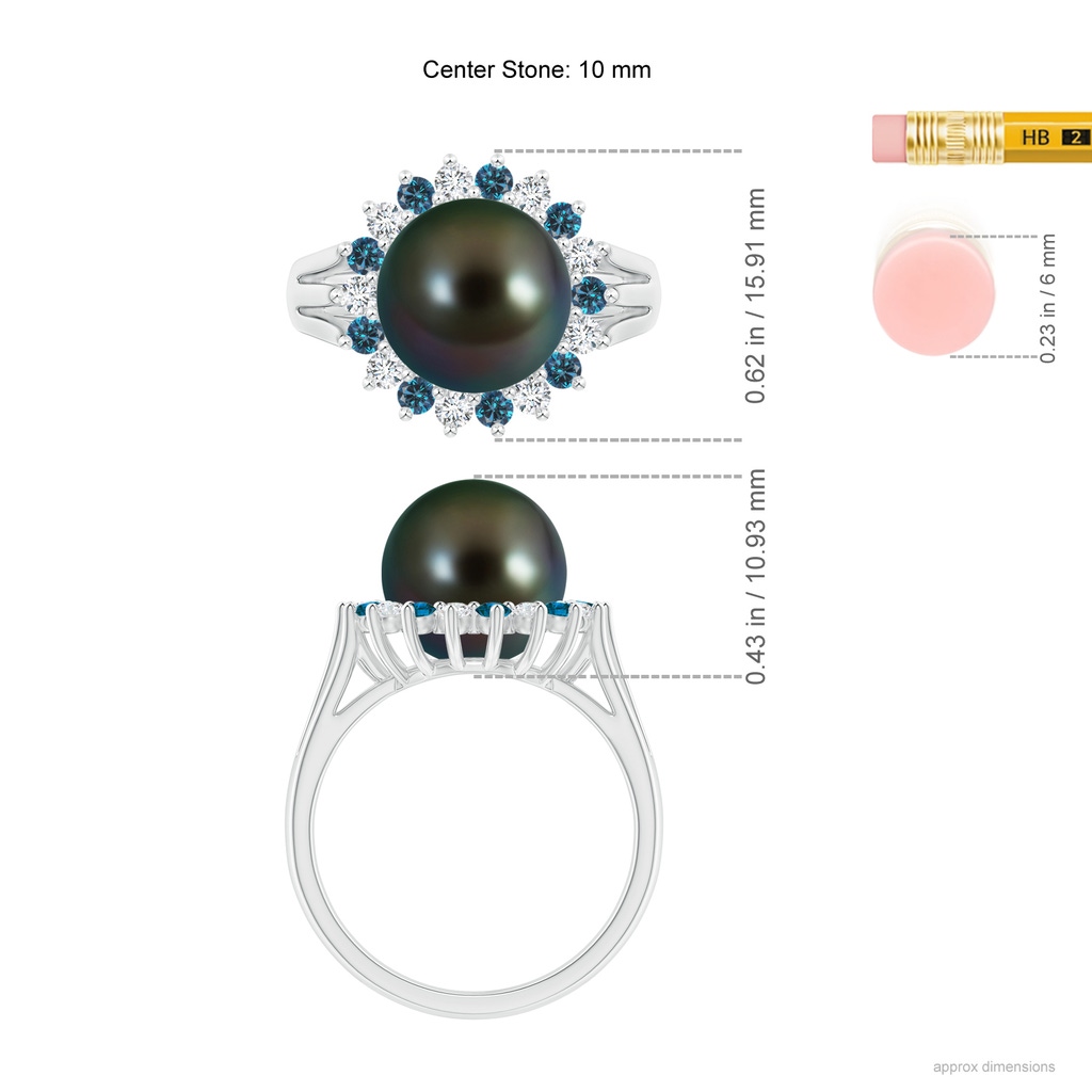 10mm AAAA Tahitian Pearl and Blue Diamond Ring in White Gold Ruler