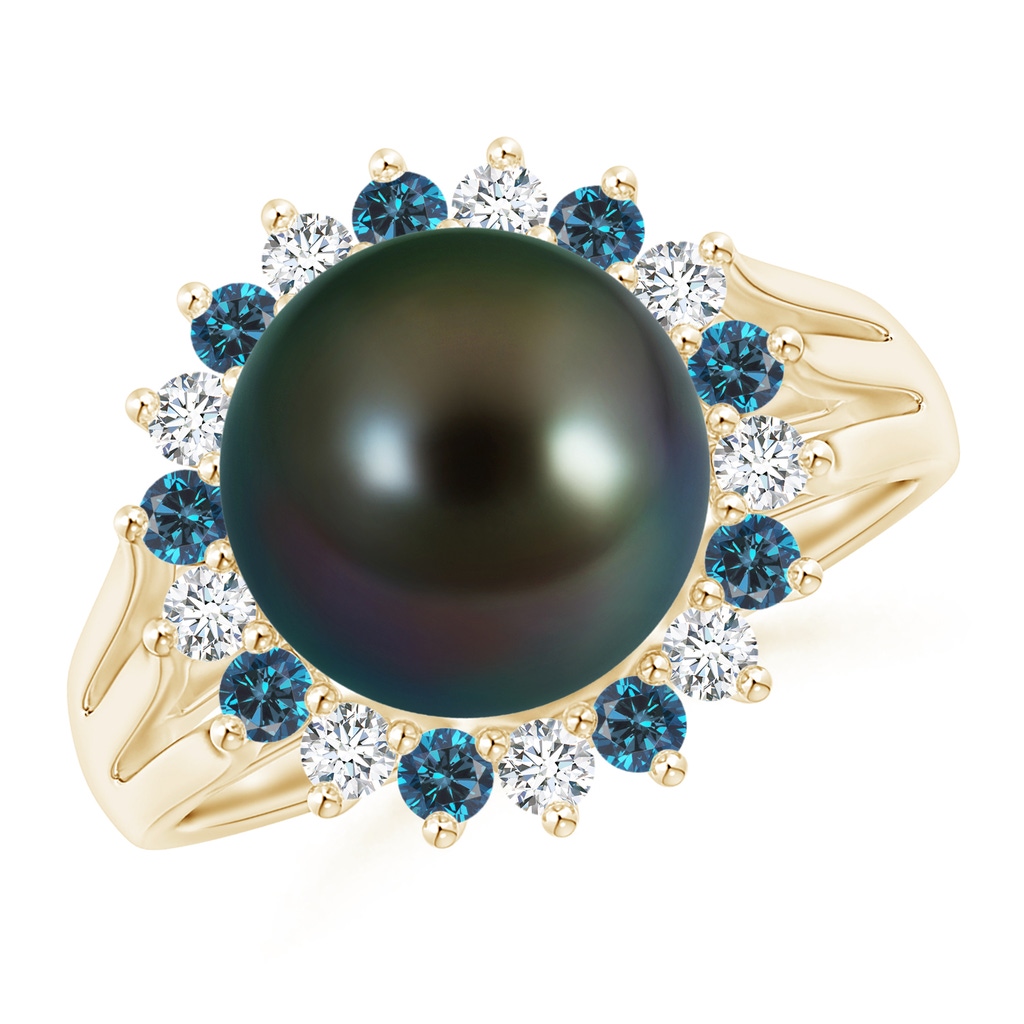 10mm AAAA Tahitian Pearl and Blue Diamond Ring in Yellow Gold