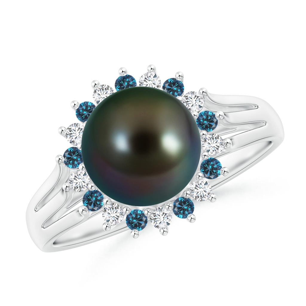 8mm AAAA Tahitian Pearl and Blue Diamond Ring in White Gold