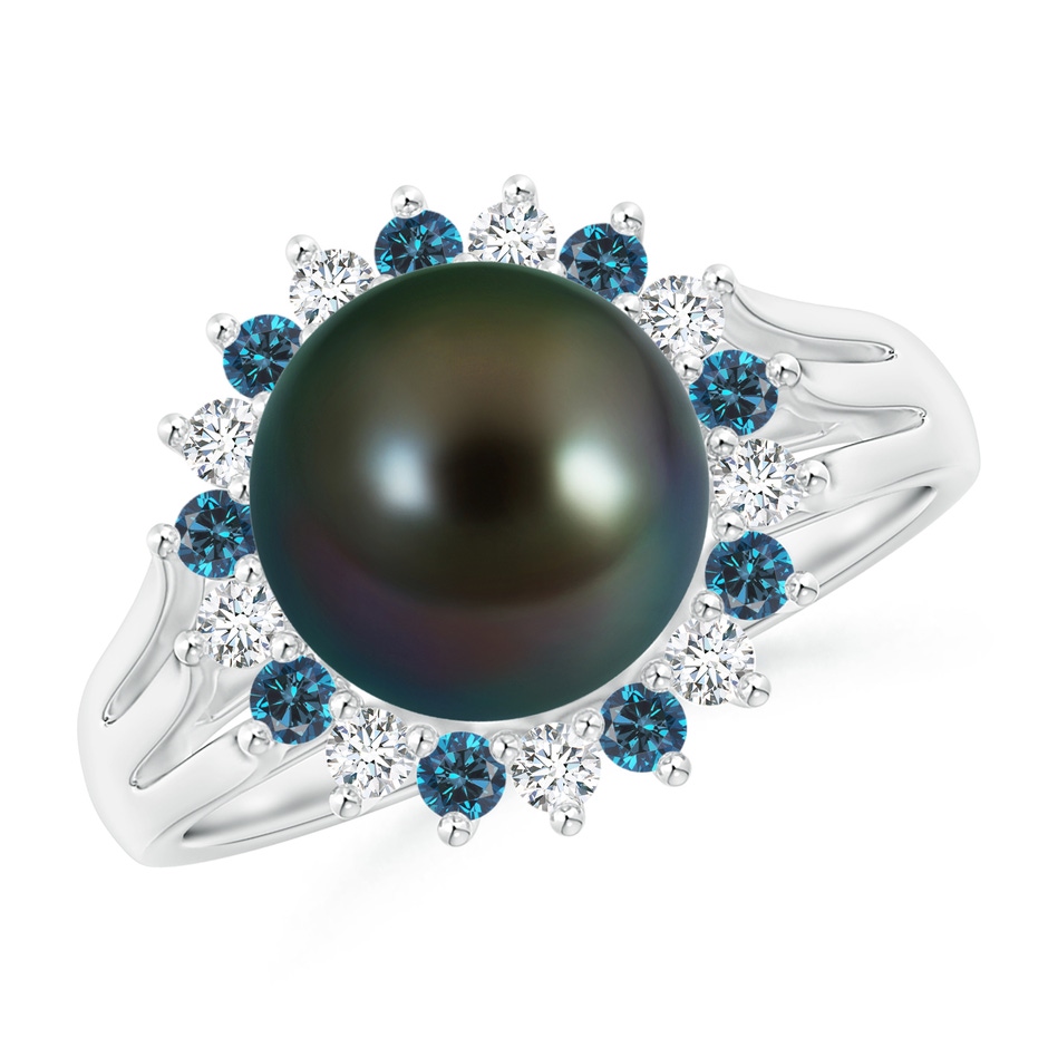 9mm AAAA Tahitian Pearl and Blue Diamond Ring in White Gold 