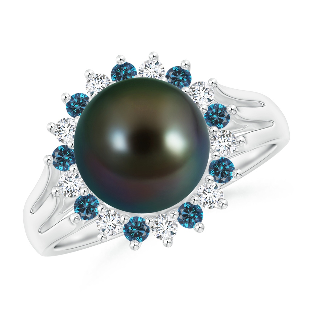 9mm AAAA Tahitian Pearl and Blue Diamond Ring in White Gold