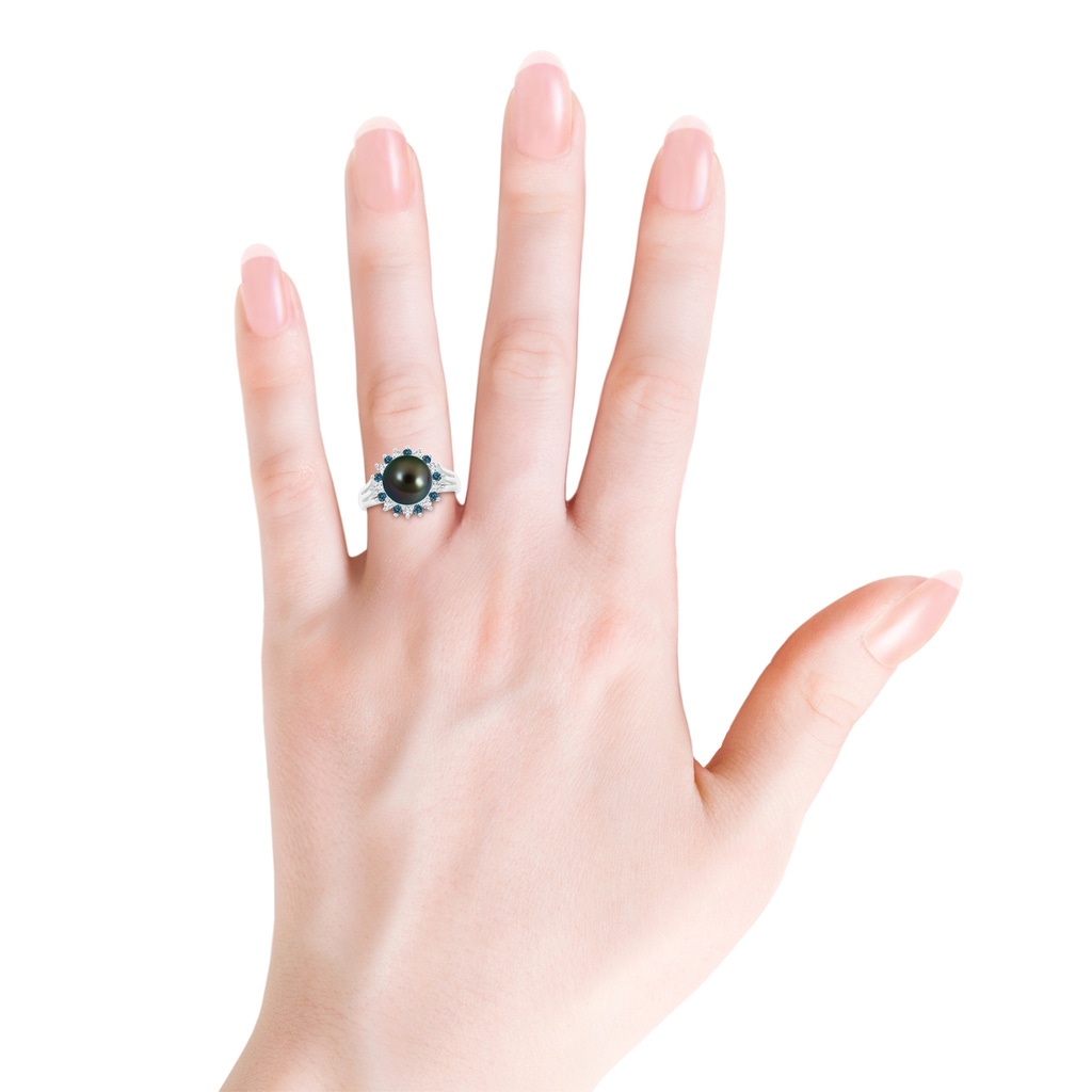 9mm AAAA Tahitian Pearl and Blue Diamond Ring in White Gold Body-Hand