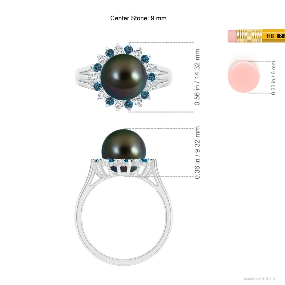 9mm AAAA Tahitian Pearl and Blue Diamond Ring in White Gold ruler