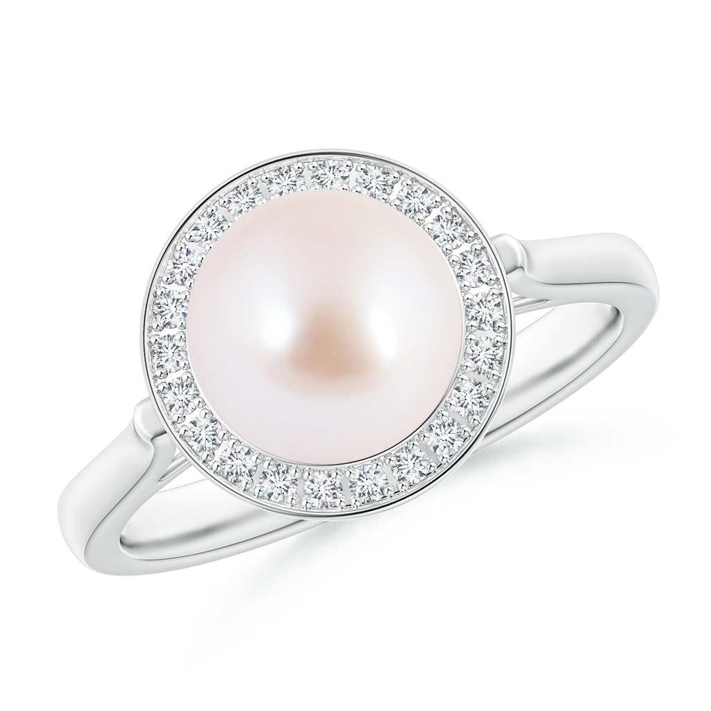 8mm AAA Japanese Akoya Pearl Ring with Pave Diamond Halo in White Gold