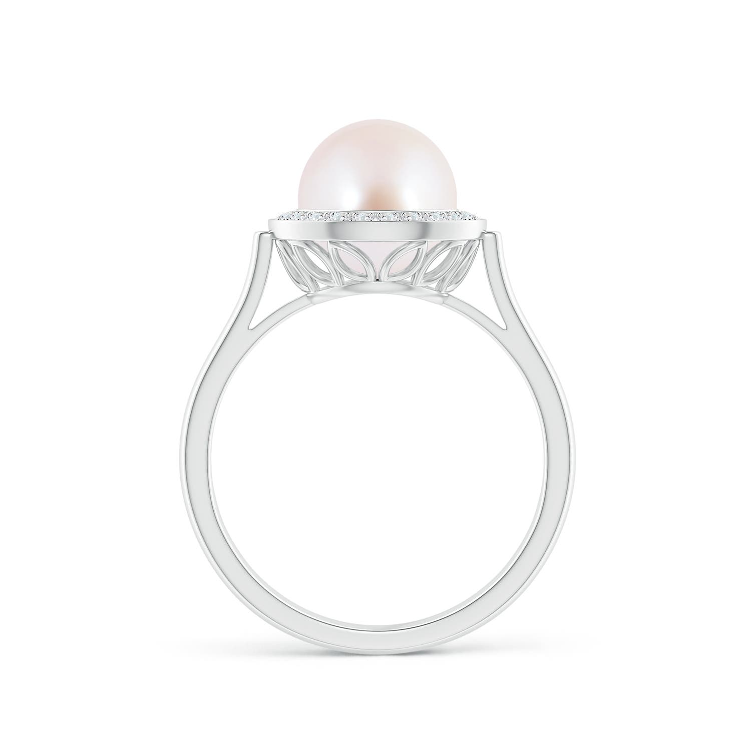 8mm AAA Japanese Akoya Pearl Ring with Pave Diamond Halo in White Gold - side 1