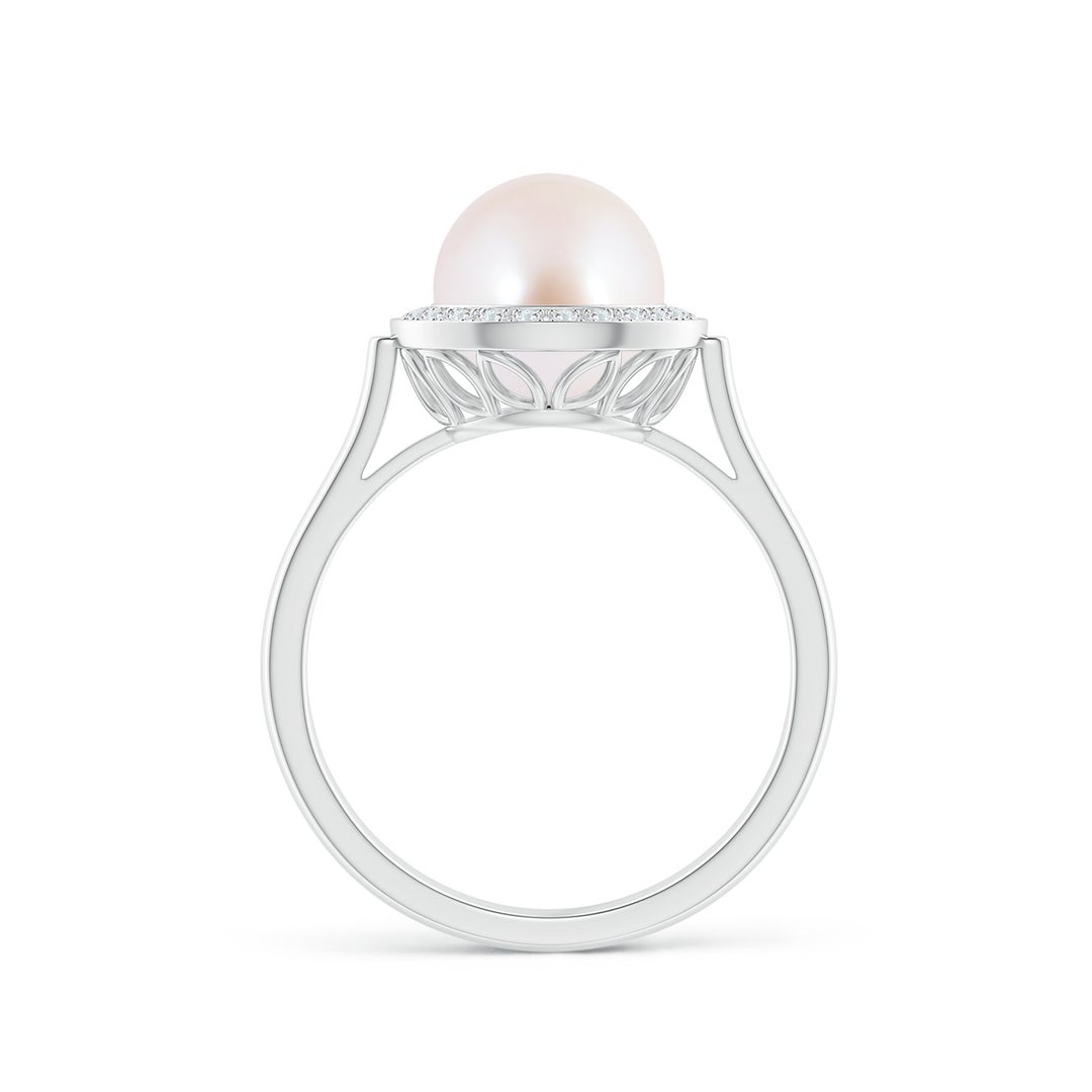 8mm AAA Japanese Akoya Pearl Ring with Pave Diamond Halo in White Gold - side 1