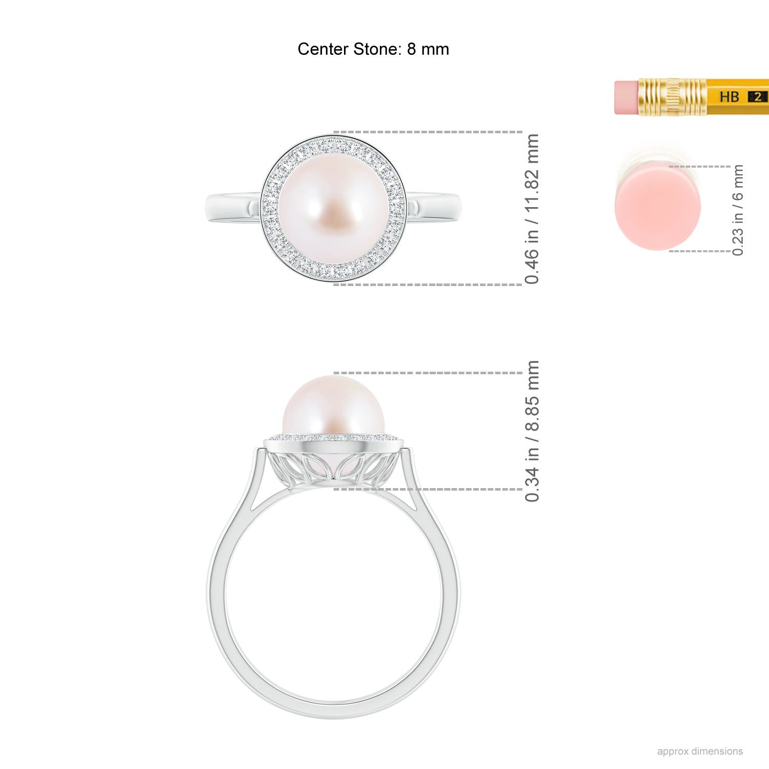 8mm AAA Japanese Akoya Pearl Ring with Pave Diamond Halo in White Gold - ruler
