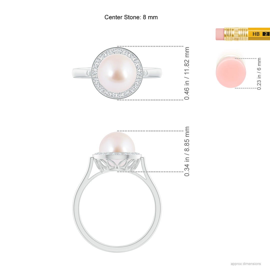 8mm AAA Japanese Akoya Pearl Ring with Pave Diamond Halo in White Gold - ruler