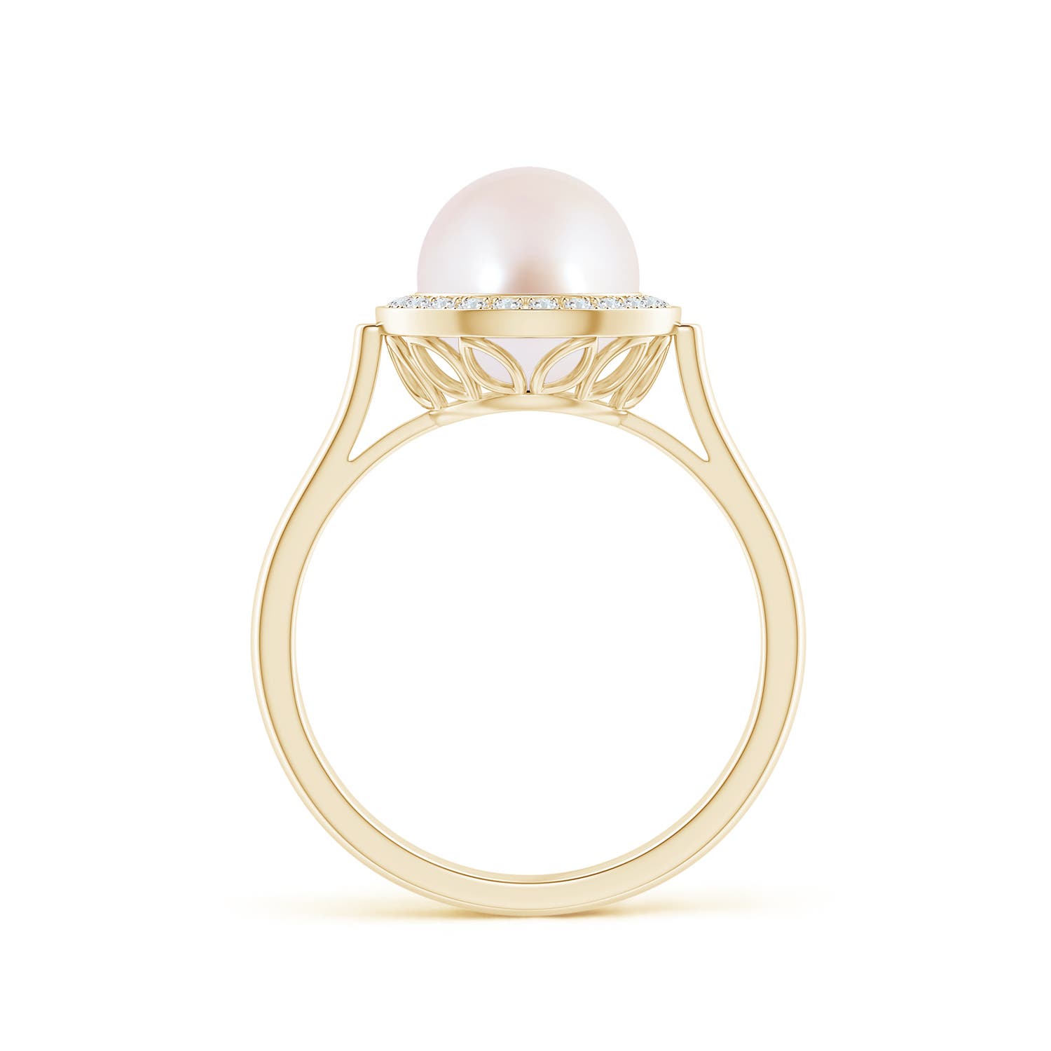 8mm AAA Japanese Akoya Pearl Ring with Pave Diamond Halo in Yellow Gold