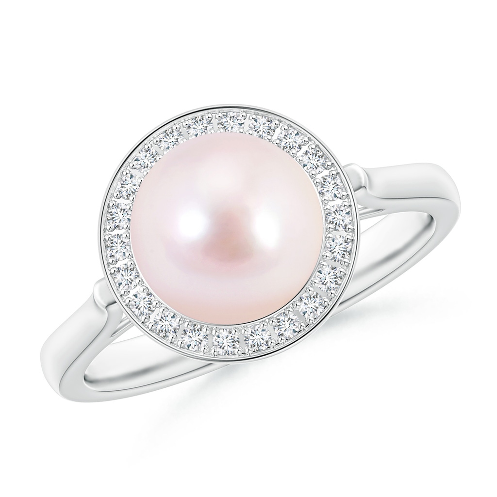 8mm AAAA Japanese Akoya Pearl Ring with Pave Diamond Halo in P950 Platinum
