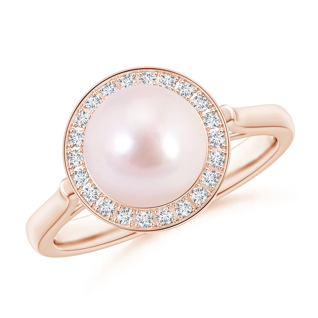8mm AAAA Japanese Akoya Pearl Ring with Pave Diamond Halo in Rose Gold