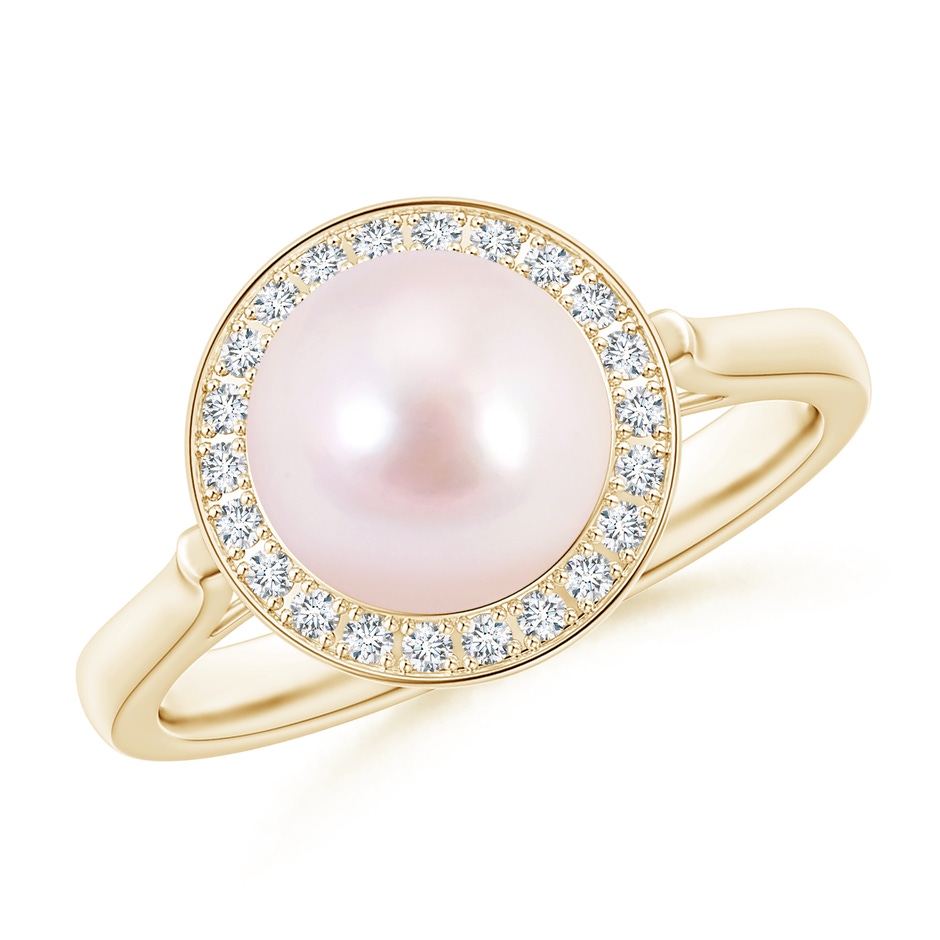 8mm AAAA Japanese Akoya Pearl Ring with Pave Diamond Halo in Yellow Gold 