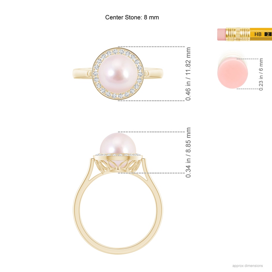 8mm AAAA Japanese Akoya Pearl Ring with Pave Diamond Halo in Yellow Gold ruler