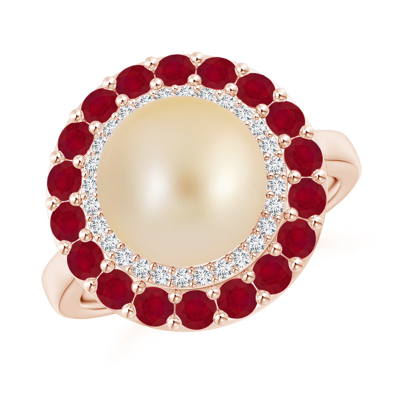 10mm AA Golden South Sea Pearl & Ruby Double Halo Ring in Rose Gold