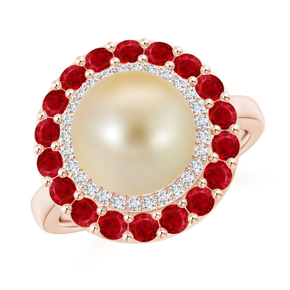 10mm AAA Golden South Sea Pearl & Ruby Double Halo Ring in Rose Gold 