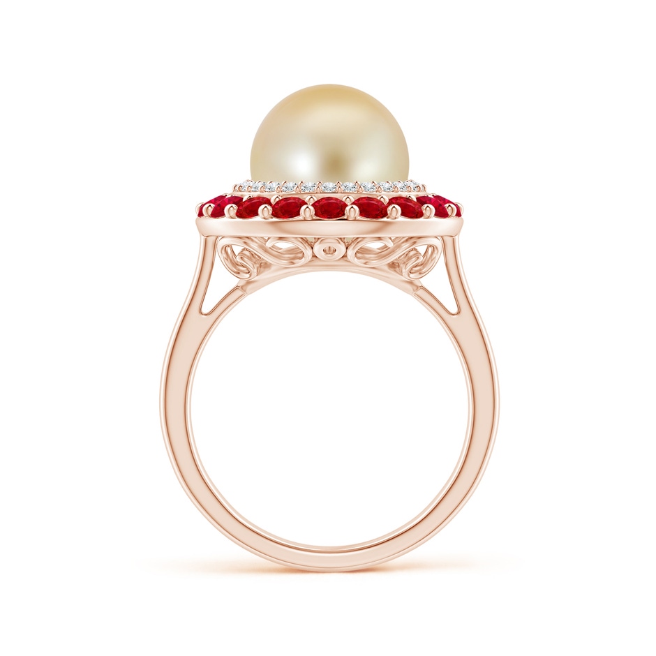 10mm AAA Golden South Sea Pearl & Ruby Double Halo Ring in Rose Gold side 1