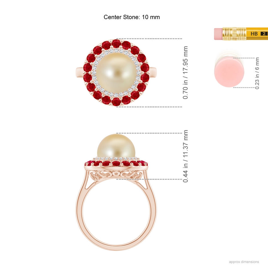 10mm AAA Golden South Sea Pearl & Ruby Double Halo Ring in Rose Gold ruler