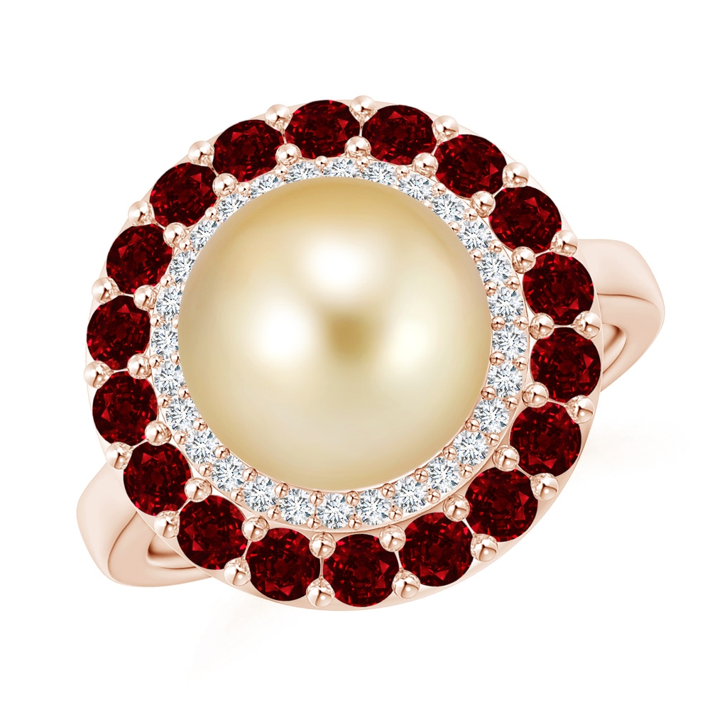 10mm AAAA Golden South Sea Pearl & Ruby Double Halo Ring in Rose Gold