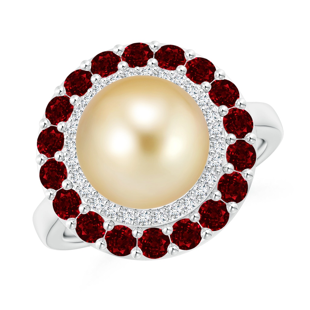10mm AAAA Golden South Sea Pearl & Ruby Double Halo Ring in White Gold