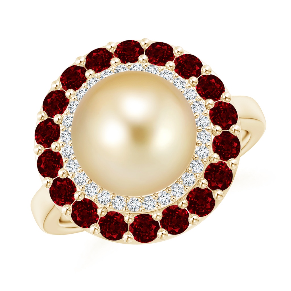 10mm AAAA Golden South Sea Pearl & Ruby Double Halo Ring in Yellow Gold