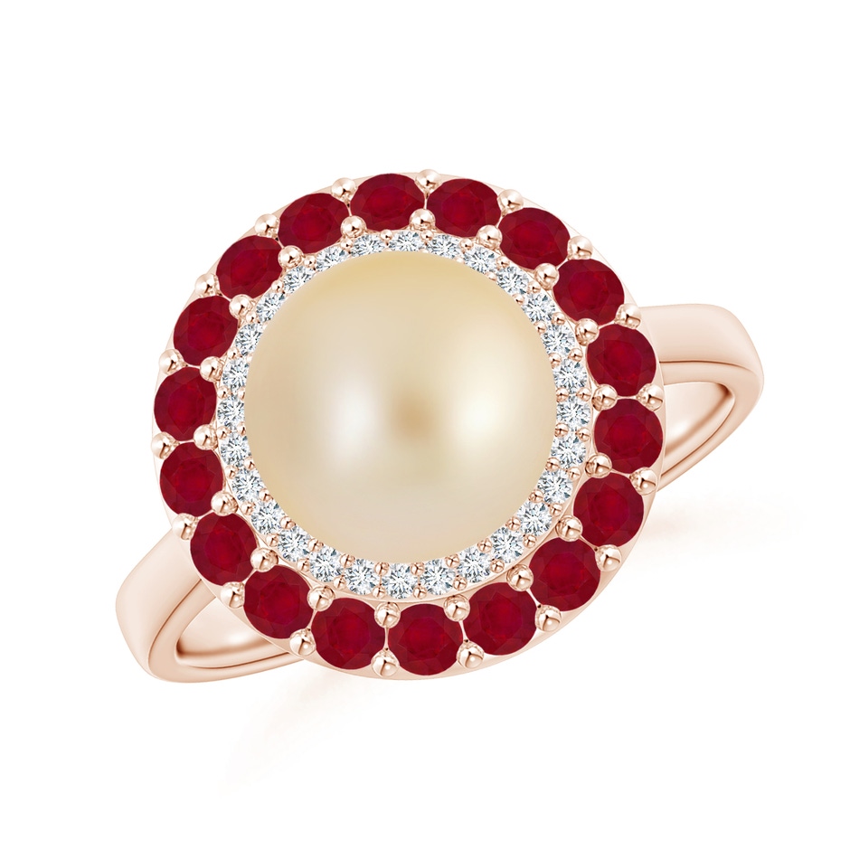 8mm AA Golden South Sea Pearl & Ruby Double Halo Ring in Rose Gold 