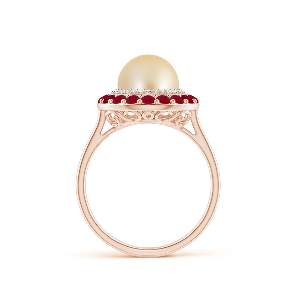 8mm AA Golden South Sea Pearl & Ruby Double Halo Ring in Rose Gold side 1