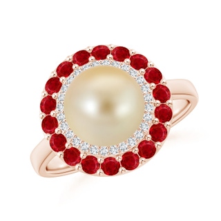 8mm AAA Golden South Sea Pearl & Ruby Double Halo Ring in Rose Gold