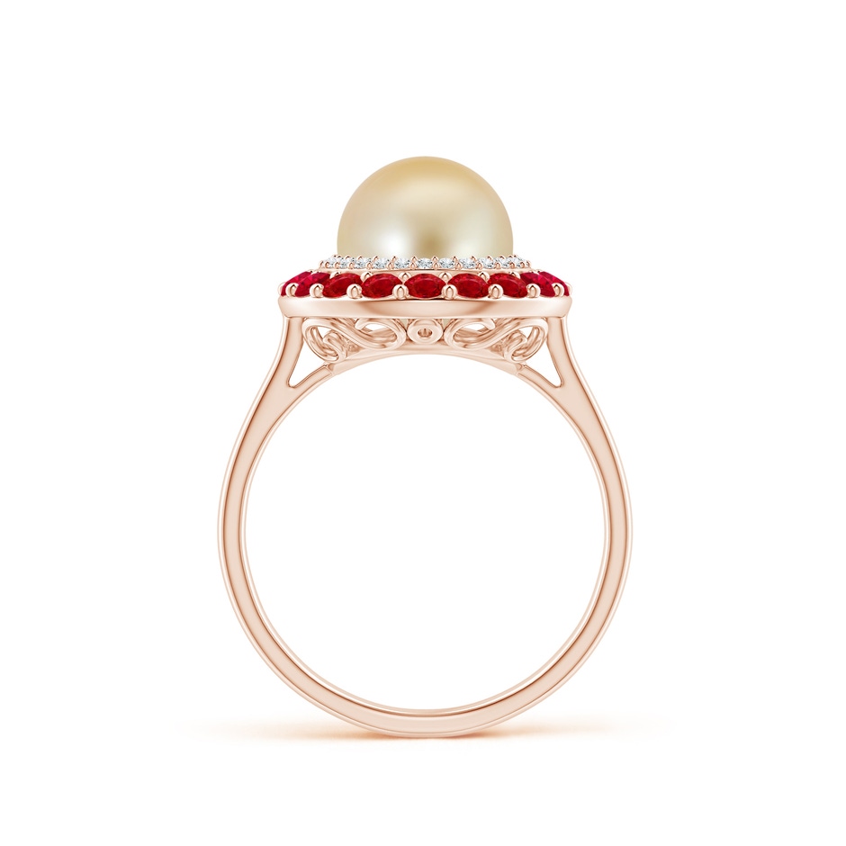 8mm AAA Golden South Sea Pearl & Ruby Double Halo Ring in Rose Gold side 1