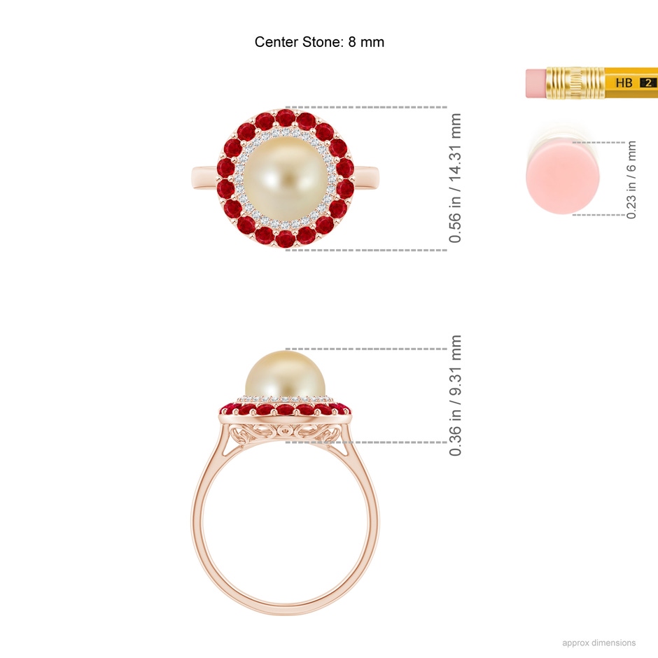8mm AAA Golden South Sea Pearl & Ruby Double Halo Ring in Rose Gold ruler