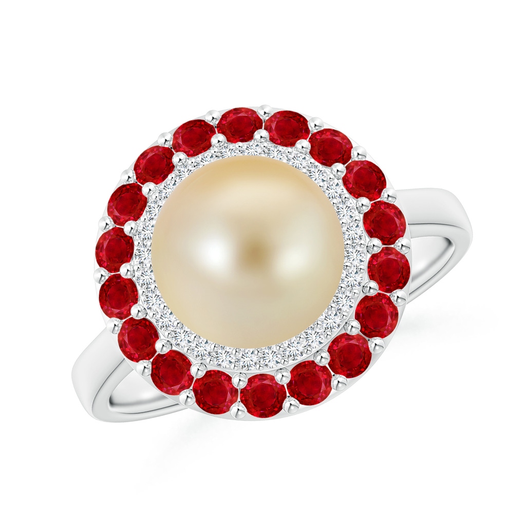 8mm AAA Golden South Sea Pearl & Ruby Double Halo Ring in White Gold