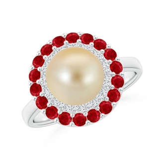 8mm AAA Golden South Sea Pearl & Ruby Double Halo Ring in White Gold