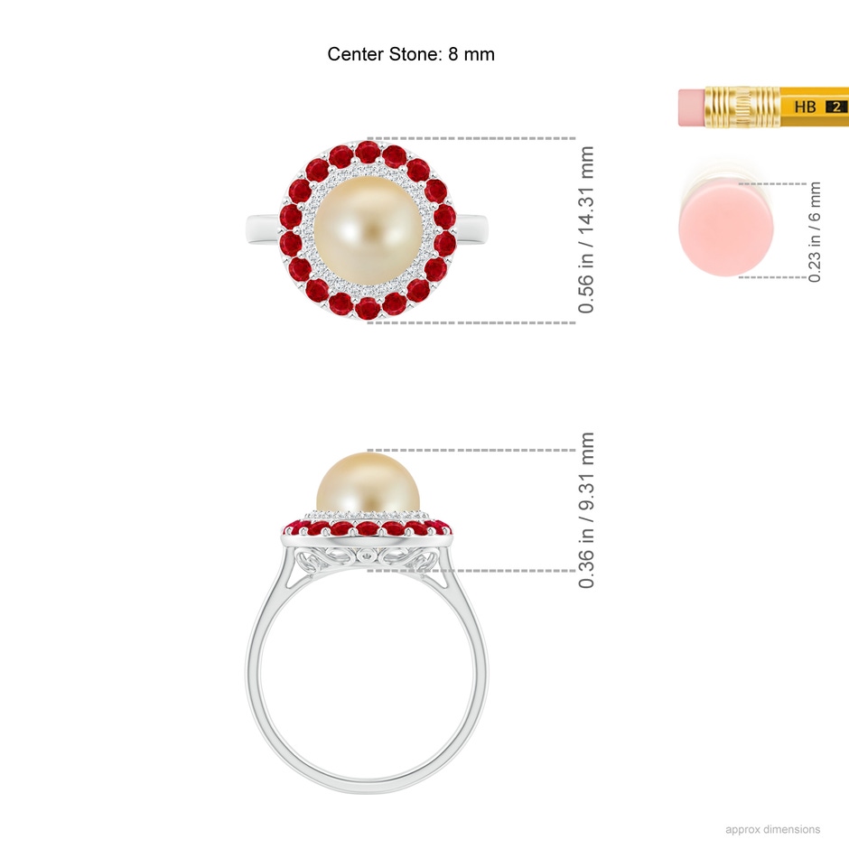 8mm AAA Golden South Sea Pearl & Ruby Double Halo Ring in White Gold ruler