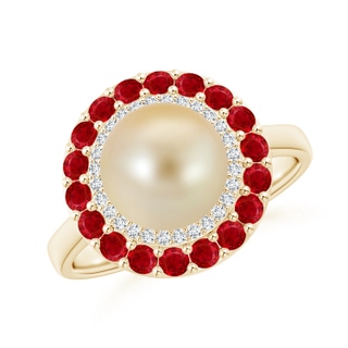 8mm AAA Golden South Sea Pearl & Ruby Double Halo Ring in Yellow Gold