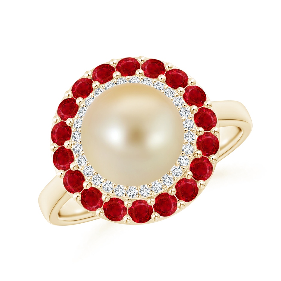 8mm AAA Golden South Sea Pearl & Ruby Double Halo Ring in Yellow Gold 