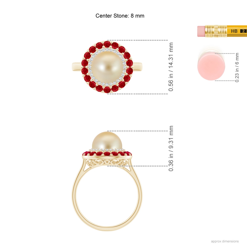 8mm AAA Golden South Sea Pearl & Ruby Double Halo Ring in Yellow Gold ruler